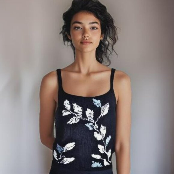 Jones New York Tops - NWT Vintage 90s Black White Blue Sleeveless Floral Cotton Knit Dress Tank Top M